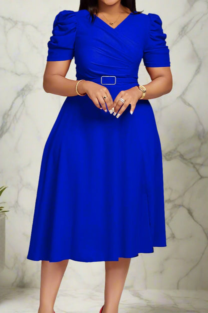 V Neck Short Puff Sleeves High Waist Midi Dress