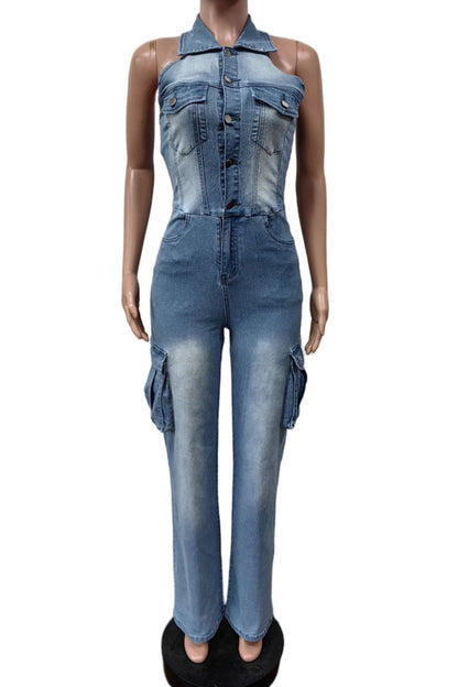 Multi Pocket Denim Halter Backless Jumpsuits
