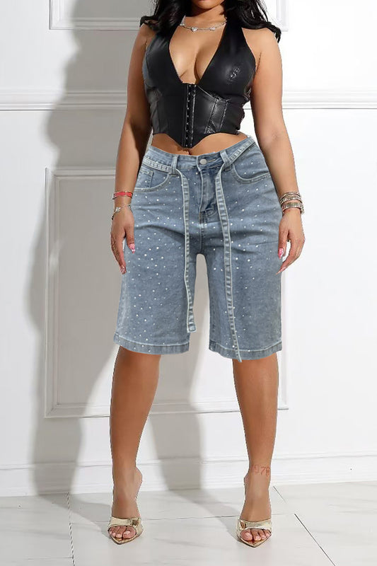 Loose Fit Denim Capri Pants with Rhinestones