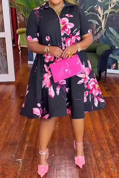 Floral V-Neck Short Sleeve Zip Dress