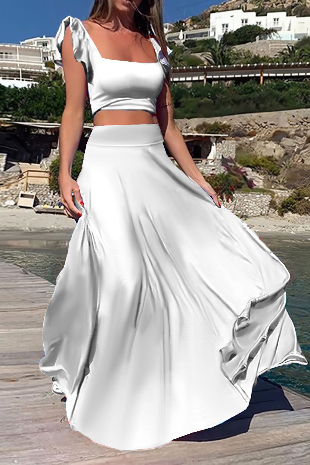 Elastic Solid Color Long Dress Two-Piece Set