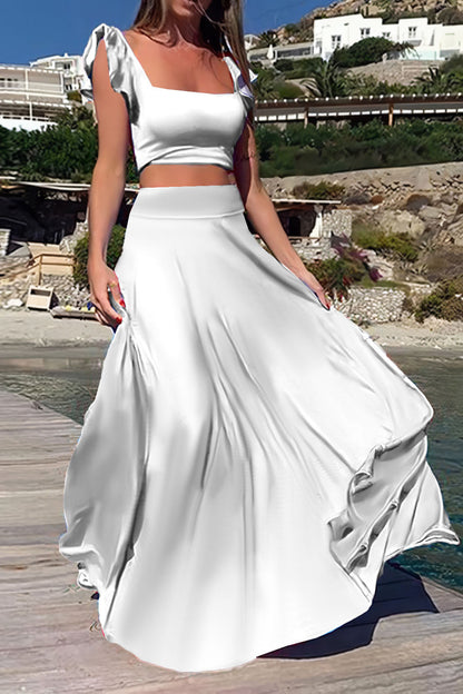 Elastic Solid Color Long Dress Two-Piece Set