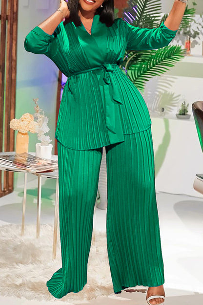 V Neck Long Sleeve Tops Wide Leg Pants Set