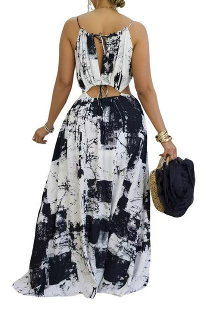 Abstract Print Cutout Slit Maxi Dress