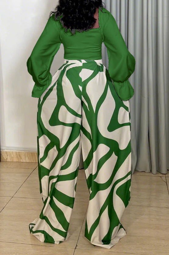 Long Sleeve Top and Printed Wide Leg Pants Set