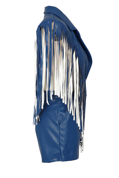 Fringed Faux-Leather Blazer & Shorts 2-Piece Set