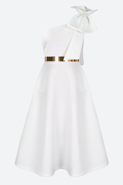 Single Shoulder Bow Detail Flare Midi Dress
