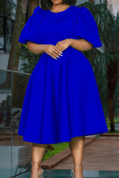 Round Neck Sleeve Slim Waist Swing A-Line Dress