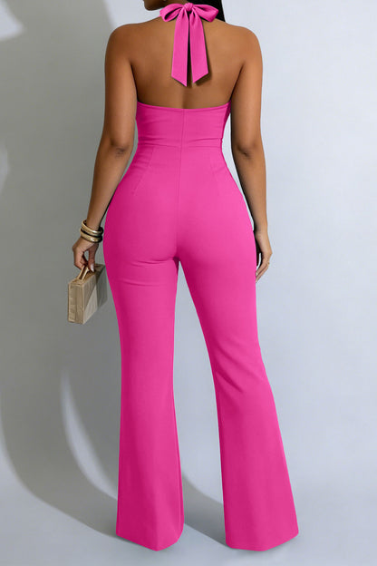 Halter Keyhole Button-Front Flared Jumpsuit