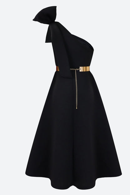 Single Shoulder Bow Detail Flare Midi Dress