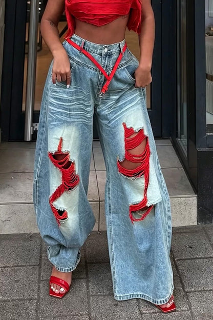 High-Waisted Distressed Wide-Leg Jean