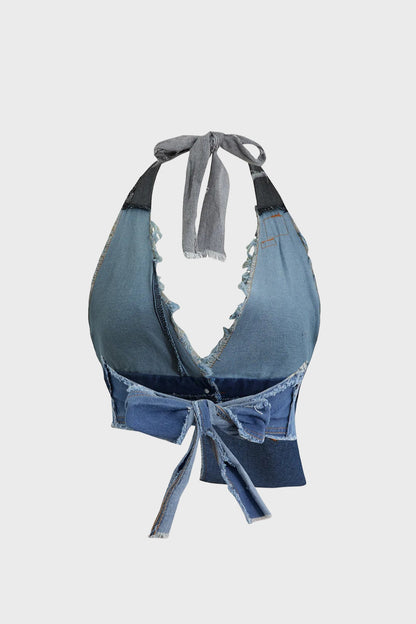 Frayed Tie Halter Denim Vest