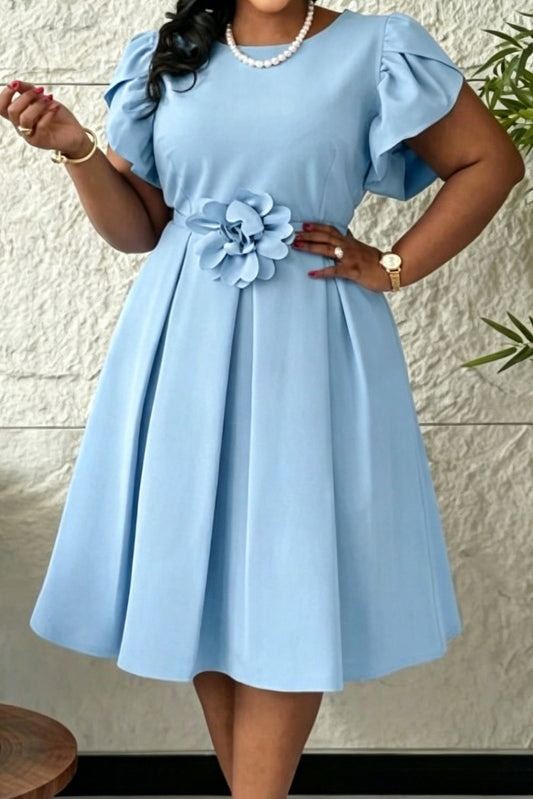 3D Floral Flutter Sleeve Pleated A-Line Midi Dress