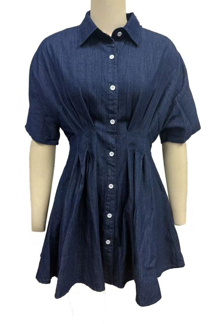 Dark Wash Pleated Waist Denim Mini Dress