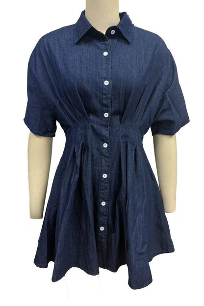 Dark Wash Pleated Waist Denim Mini Dress