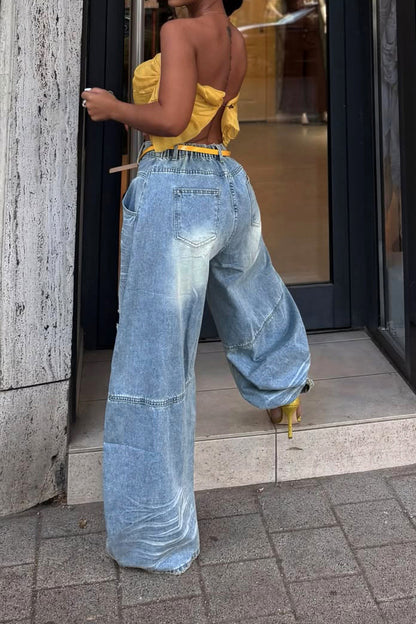 High-Waisted Distressed Wide-Leg Jean