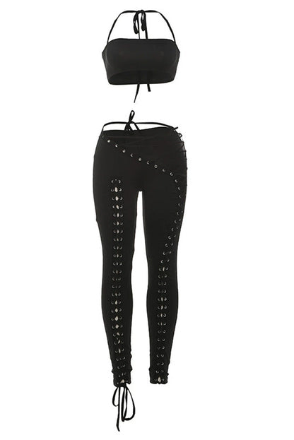 Crop Top and Lace-Up Pants 2-Piece Set