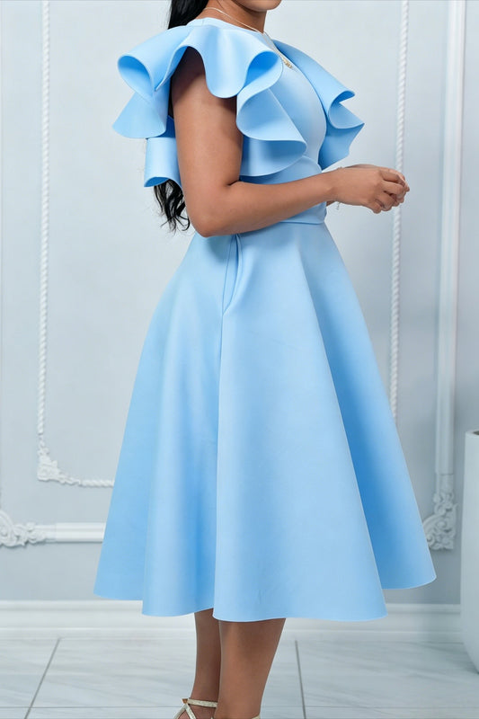 Elegant Ruffle Sleeve Belted Midi Dress