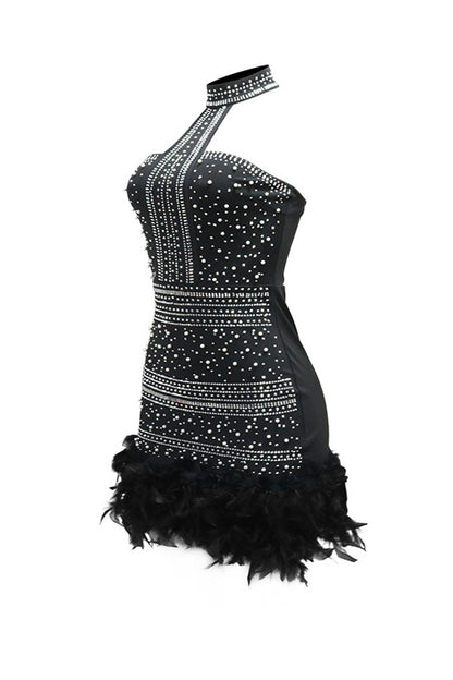 Rhinestone Halter Feather Trim Mini Dress
