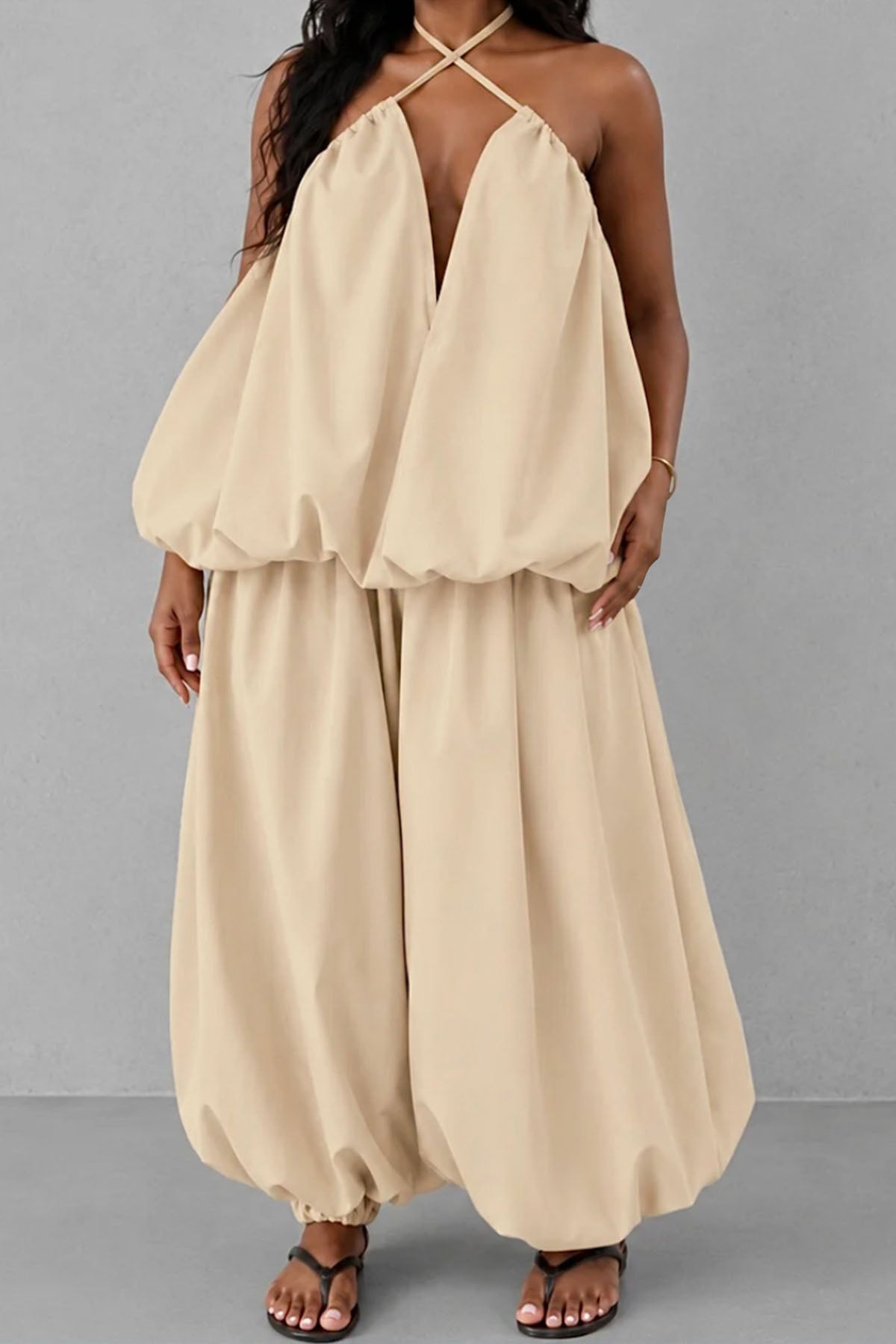 Plus Size Plunging Halter Oversized Top & Harem Pants Set