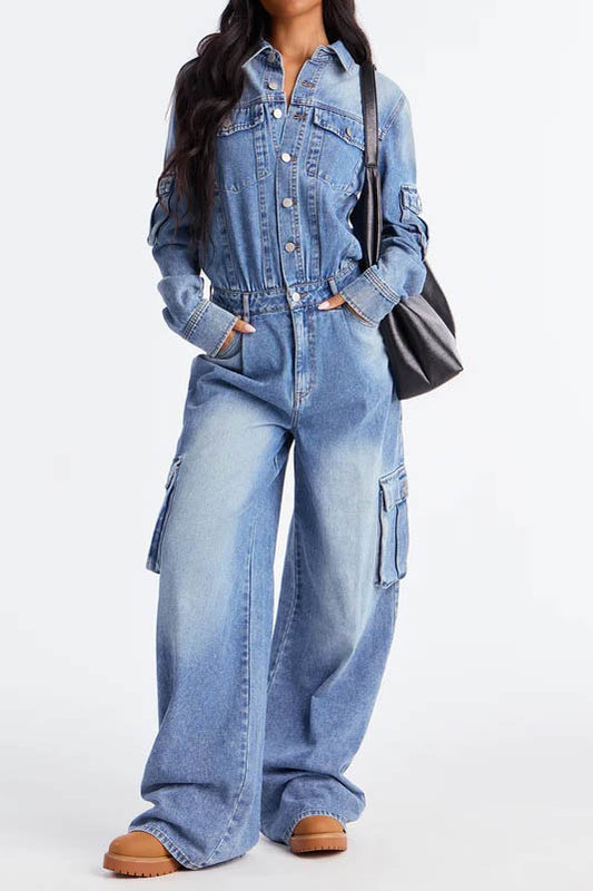 Washed Denim Utility Wide Leg Jumpsuit