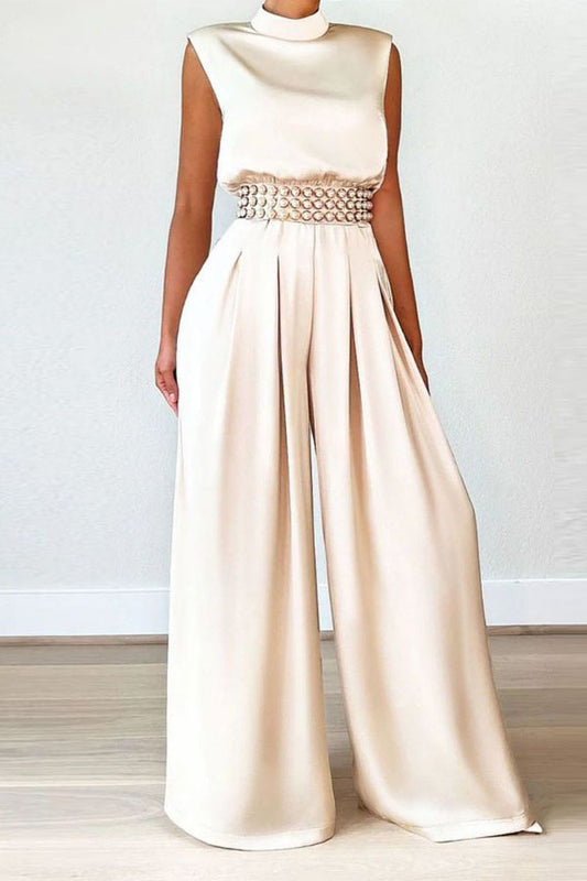 Sleeveless Mock Neck Pleated Wide Leg Jumpsuit
