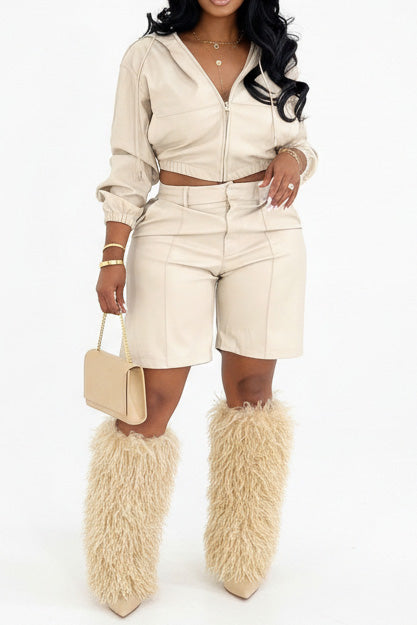 Faux Leather Hooded & Shorts Set