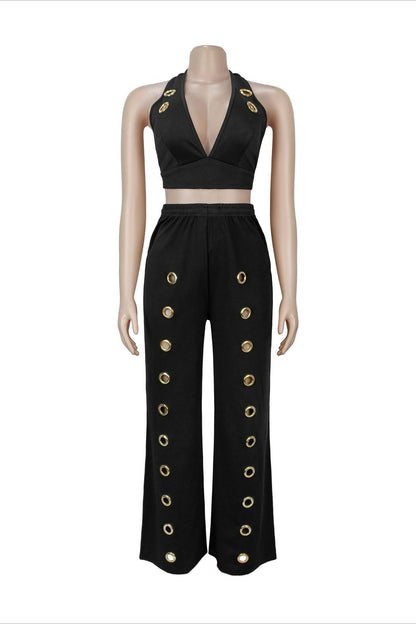 Oversized Eyelet Halter Crop Top & Pant Set