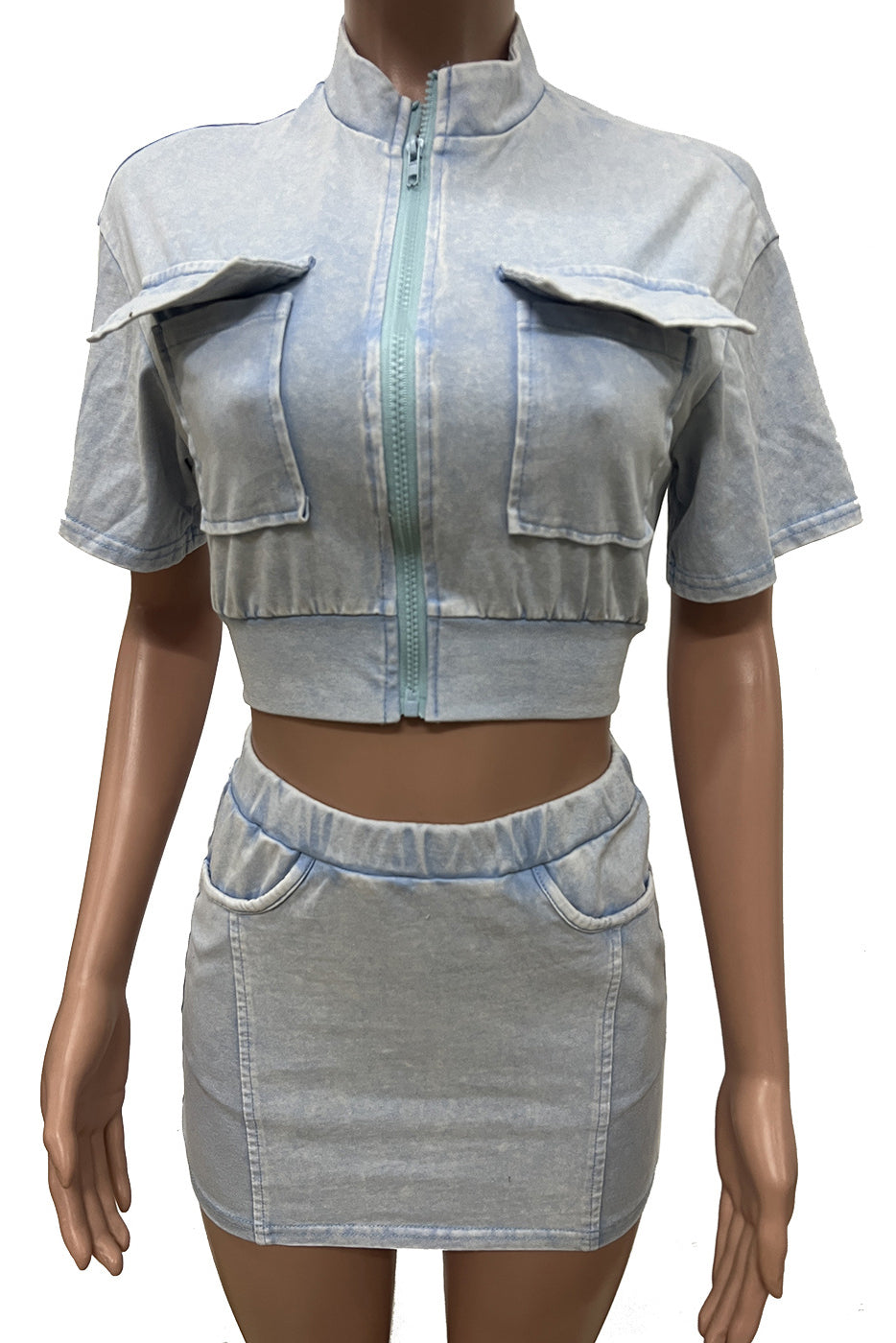 Washed Pocket Top and Skirt 2-piece Set