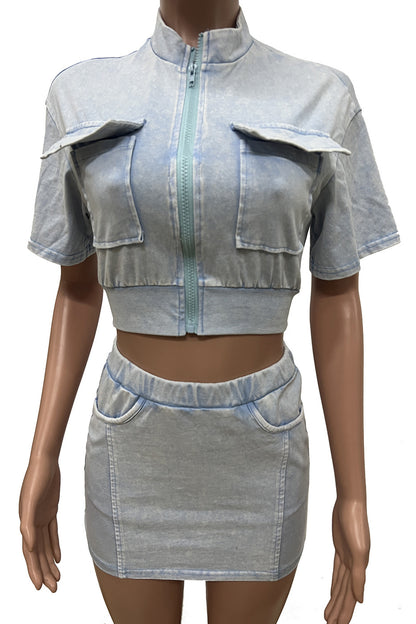 Washed Pocket Top and Skirt 2-piece Set
