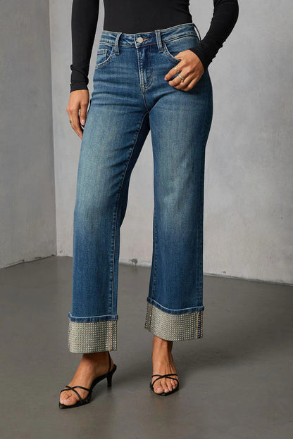 Washed Rhinestone Straight Leg Jeans
