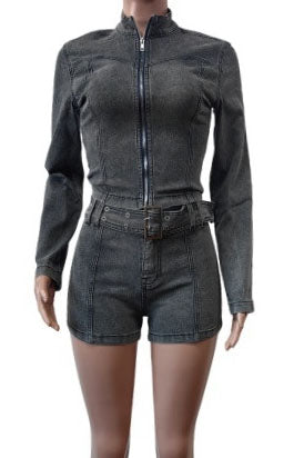 Washed Denim Zip Up Top & Shorts Sets