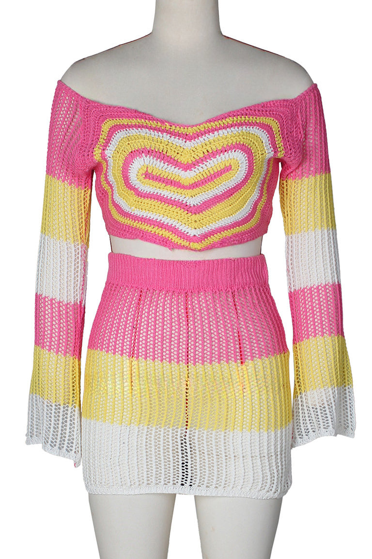 Crochet Long Sleeve Crop Top Skirt Sets