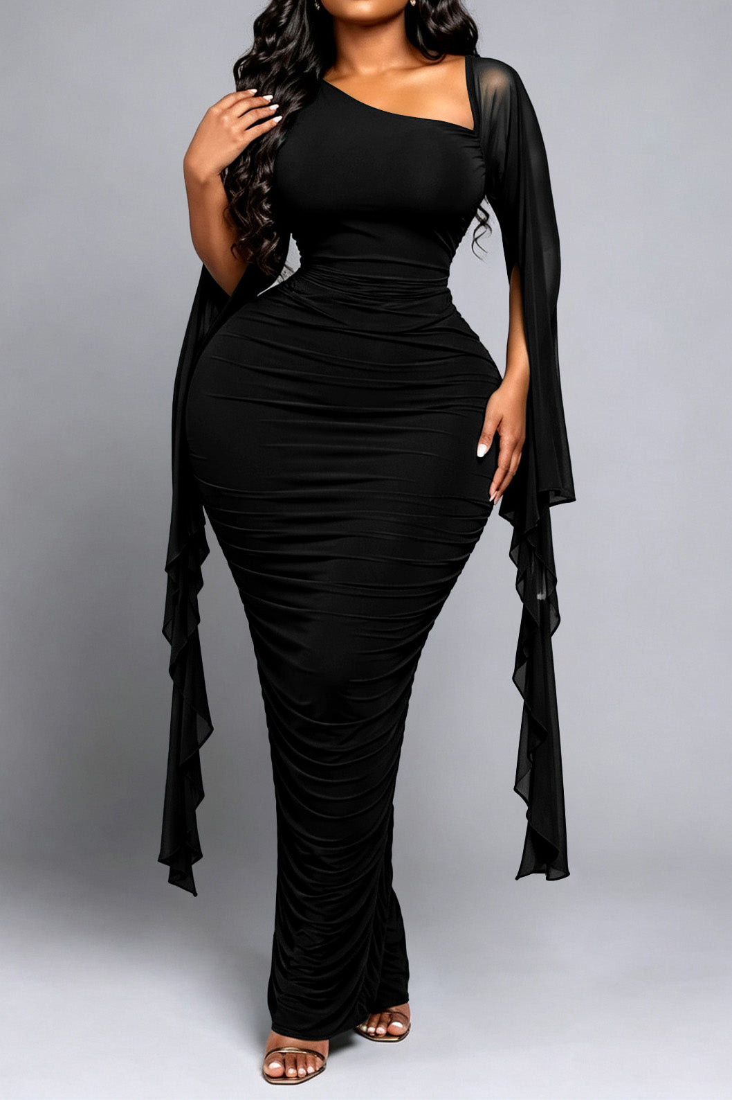 Ruched One-Shoulder Maxi Dress