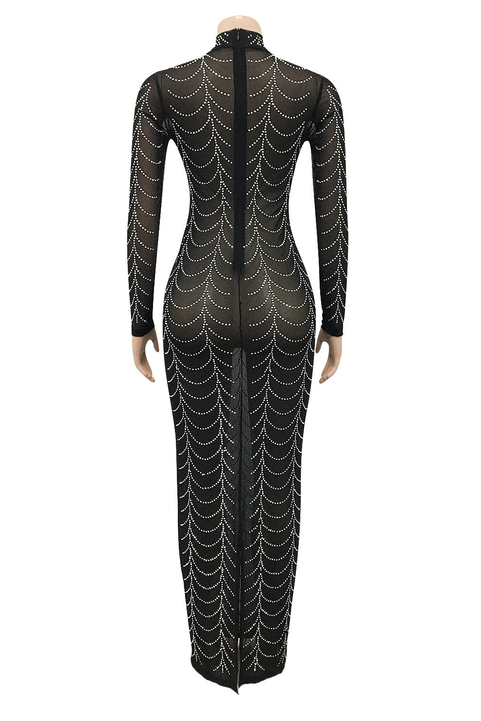 Rhinestone Long-Sleeve Sheer Maxi Dress