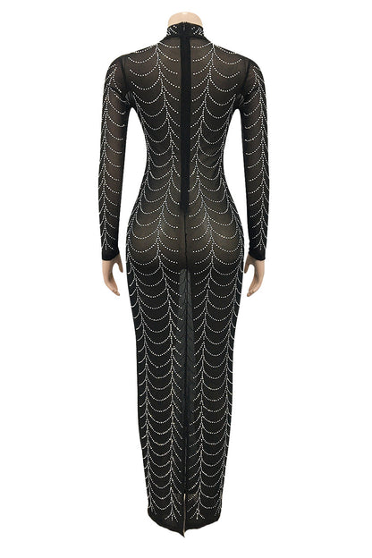 Rhinestone Long-Sleeve Sheer Maxi Dress