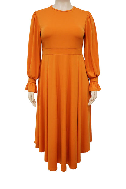 Plus Size Ruffle Cuff Pleated A-Line Midi Dress