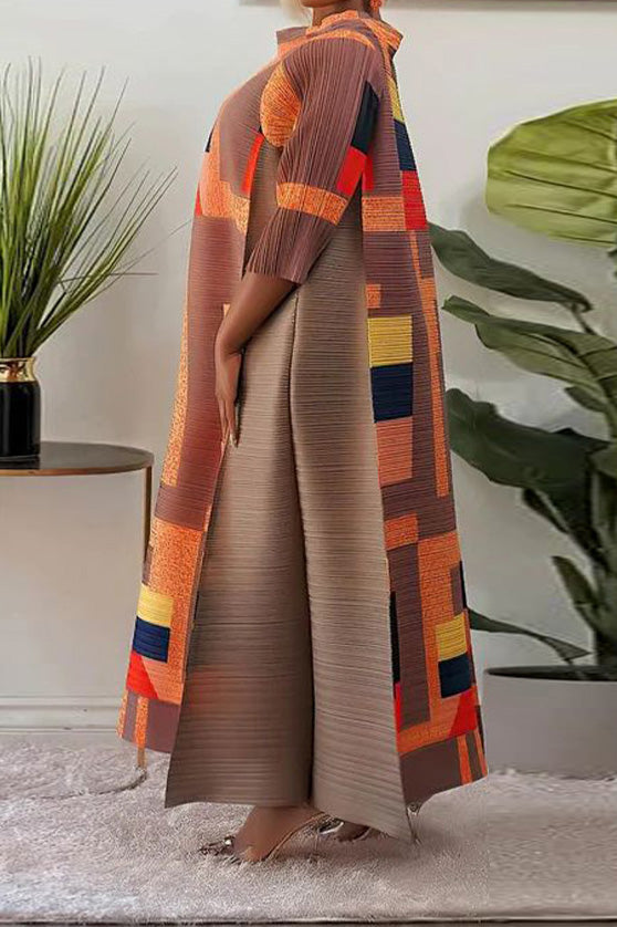 Abstract Print Pleated A Line Midi Dress