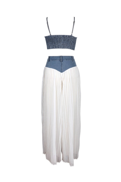 Denim Corset & Pleated Chiffon Pants Set