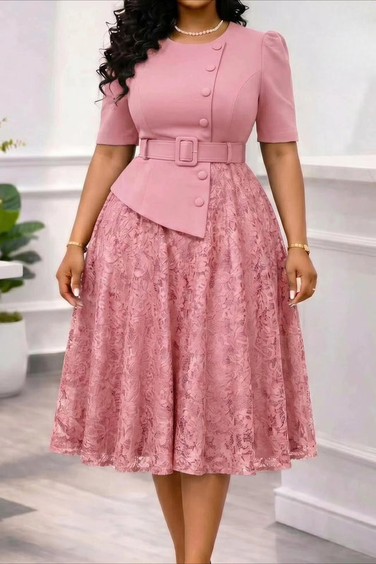Asymmetrical Button Belted Lace Midi Dress