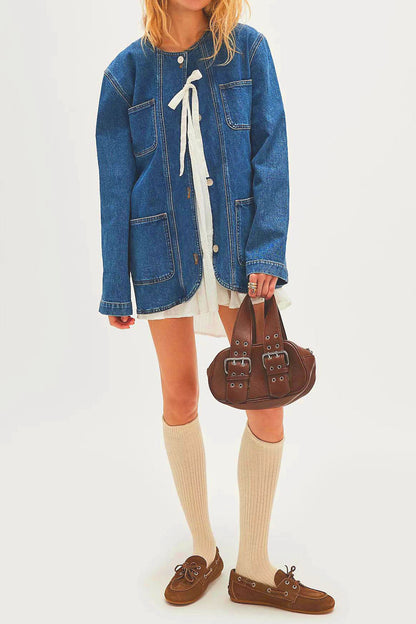 Collarless Button-Front Denim Jacket