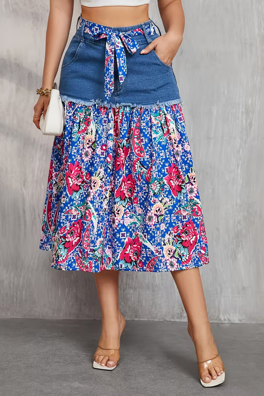 Frayed Denim Patchwork Boho Midi Skirt