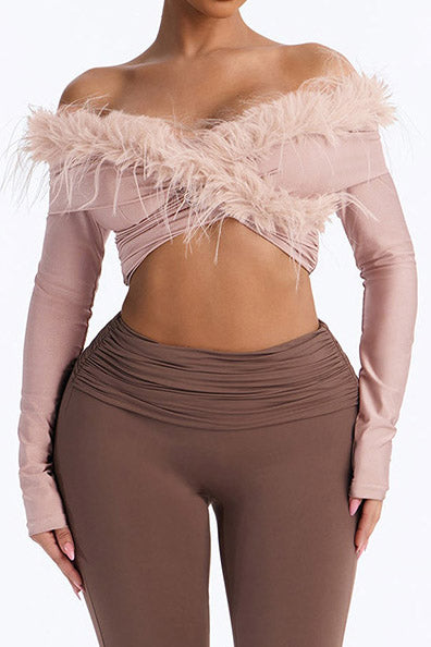 Feather-Effect Off-Shoulder Twist Crop Top