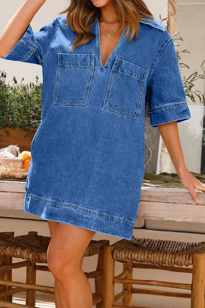 Collared Short Sleeve Loose Denim Dress