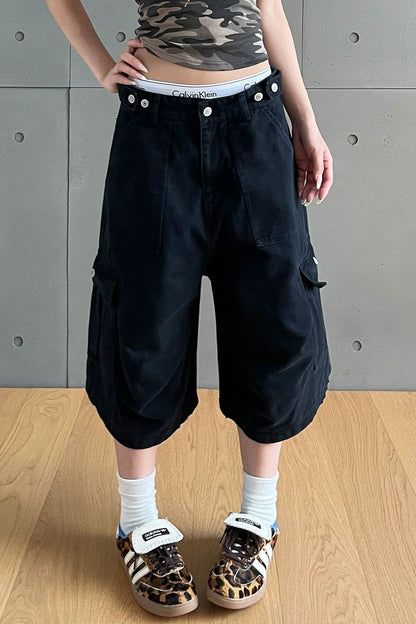 Baggy Cargo Capri Jeans with Utility Pockets