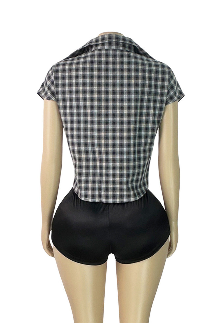 Plunge V-Neck Plaid Pointed Hem Top