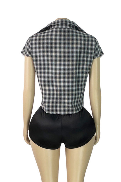 Plunge V-Neck Plaid Pointed Hem Top