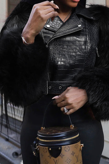 Faux Fur Trim Faux Leather Jacket