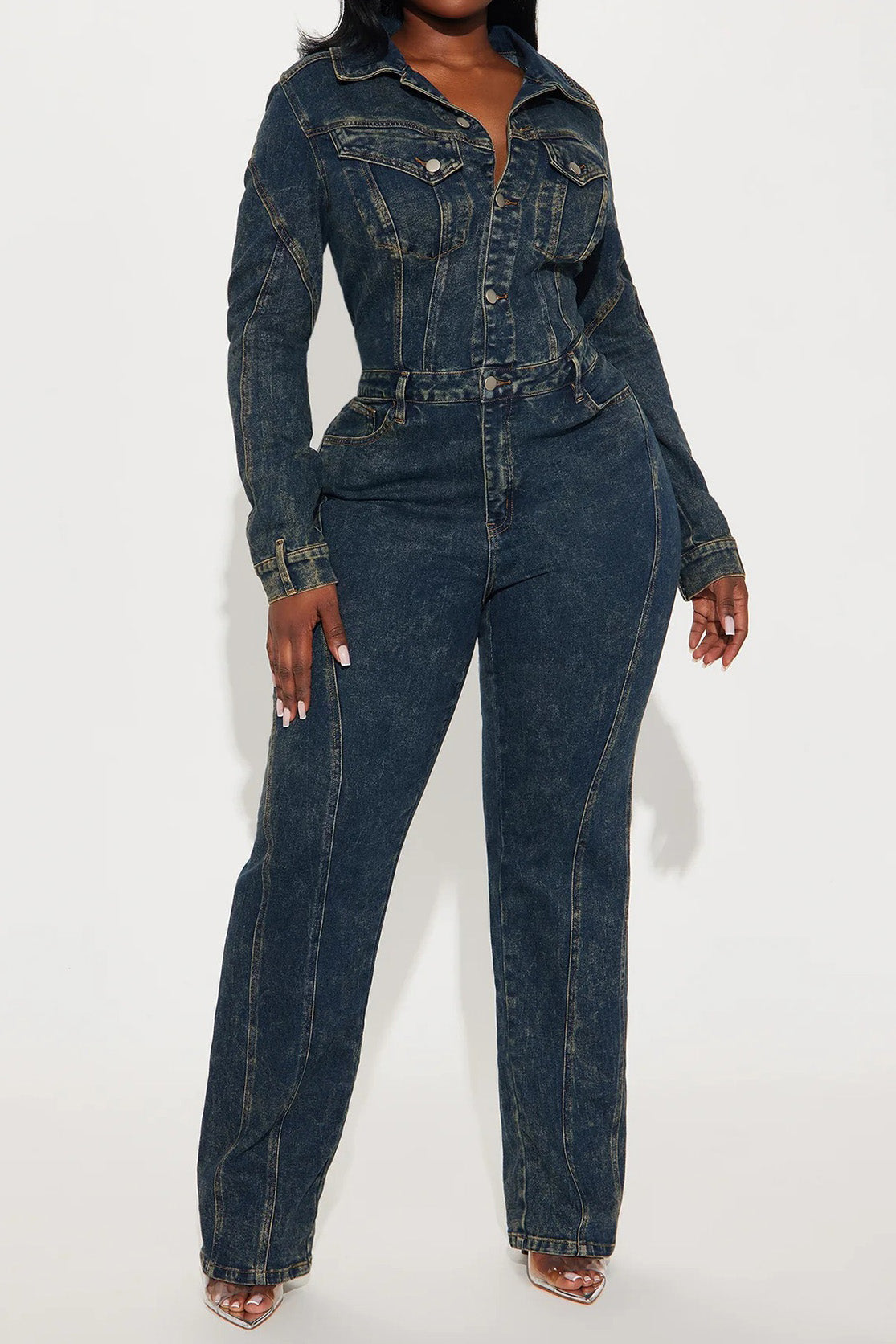 Washed Long Sleeve Denim Jumpsuit