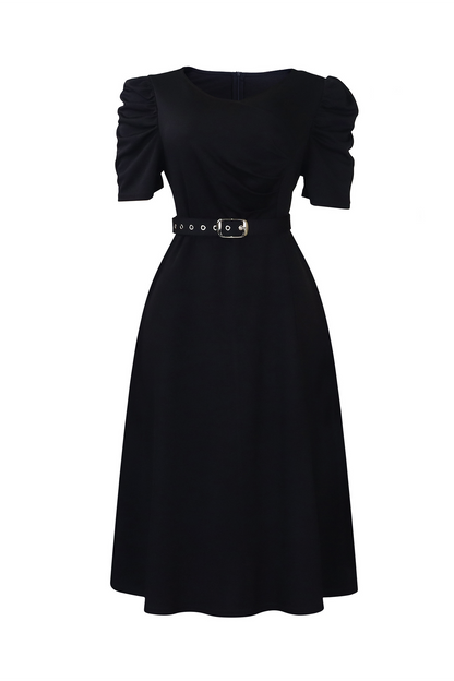 V Neck Short Puff Sleeves High Waist Midi Dress